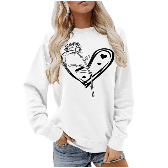 Womens Valentines Sweatshirts Casual Long Sleeve Shirts Loose Valentine's Day Love Heart Printed Blouses Pullover Tops