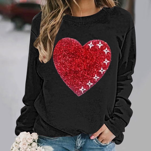 Womens Valentines Sweatshirts Love Heart Printed Shirts Loose Long Sleeve Round Neck Blouses Valentine's Day Sweater Pullover Tops Plus Size