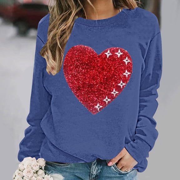 Womens Valentines Sweatshirts Love Heart Printed Shirts Loose Long Sleeve Round Neck Blouses Valentine's Day Sweater Pullover Tops Plus Size