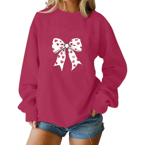Womens Valentines Sweatshirts Pullover Long Sleeve Valentine Day Holiday Sweater Casual Cute Bow Heart Tops, M Hot Pink