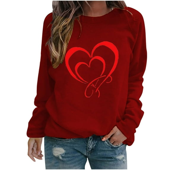 Womens Valentines Sweatshirts Romantic Love Graphic Heart Print Shirt Crewneck Pullover Top Clothes