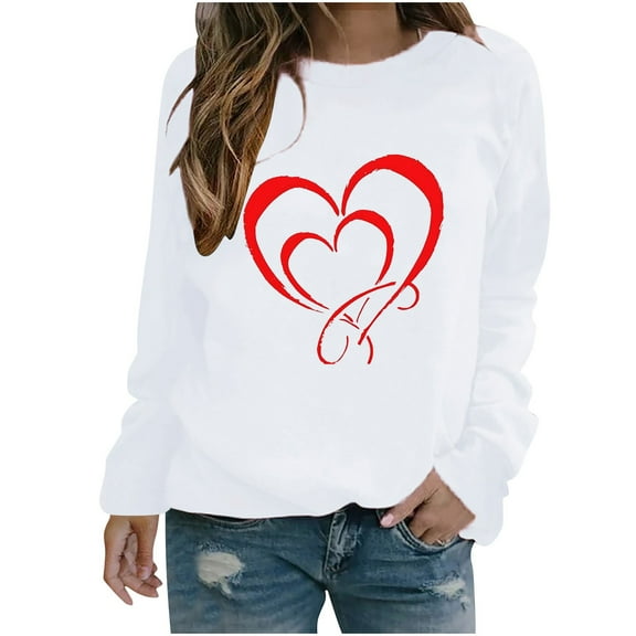 Womens Valentines Sweatshirts Romantic Love Graphic Heart Print Shirt Crewneck Pullover Top Clothes