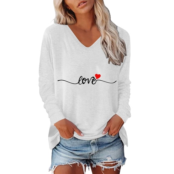 Womens Valentines T-Shirt Valentine Love Heart Printed Graphic Long Sleeve V Neck Tunic Tops Casual Lover Funny Trendy Loose Fit Tees