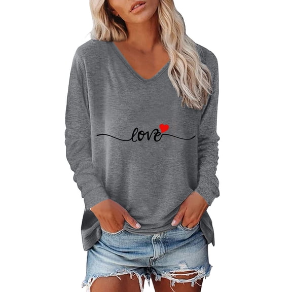 Womens Valentines T-Shirt Valentine Love Heart Printed Graphic Long Sleeve V Neck Tunic Tops Casual Lover Funny Trendy Loose Fit Tees