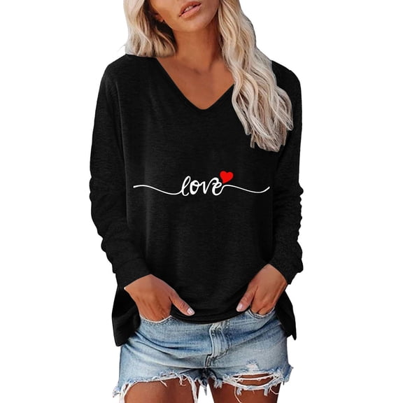 Womens Valentines T-Shirt Valentine Love Heart Printed Graphic Long Sleeve V Neck Tunic Tops Casual Lover Funny Trendy Loose Fit Tees