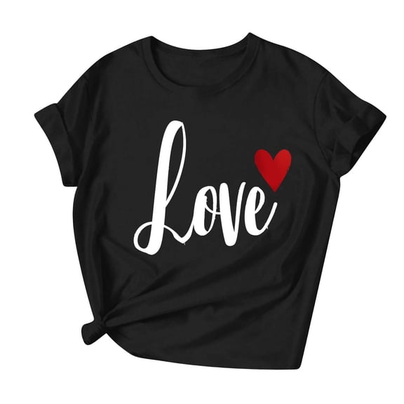 Womens Valentines Tee Tops Cute Love Heart Short Sleeve Graphic Tees Crew Neck Casual Romantic Valentine Tshirt, S Black