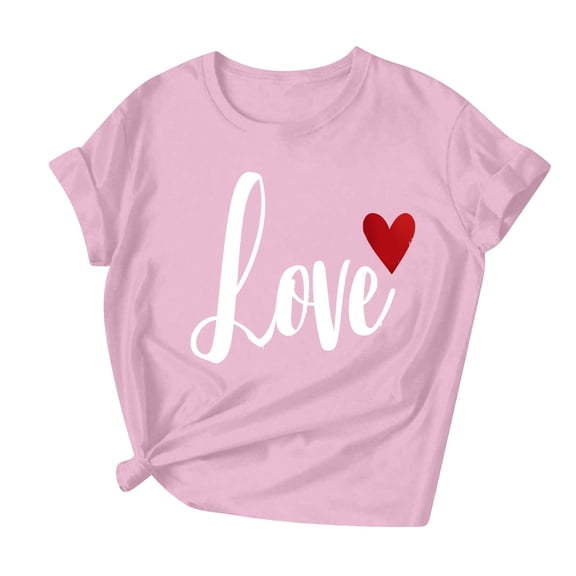 Womens Valentines Tee Tops Cute Love Heart Short Sleeve Graphic Tees Crew Neck Casual Romantic Valentine Tshirt, S Pink
