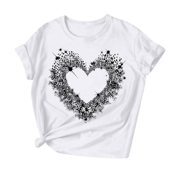Womens Valentines Tshirt Cute Love Heart Short Sleeve Graphic Tees Crew Neck Casual Romantic Valentine Tee Tops, L White