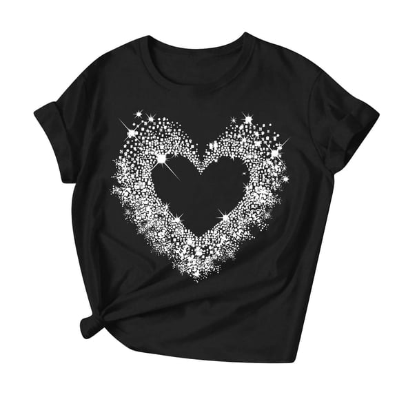 Womens Valentines Tshirt Cute Love Heart Short Sleeve Graphic Tees Crew Neck Casual Romantic Valentine Tee Tops, S Black