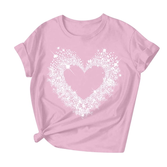 Womens Valentines Tshirt Cute Love Heart Short Sleeve Graphic Tees Crew Neck Casual Romantic Valentine Tee Tops, XL Pink