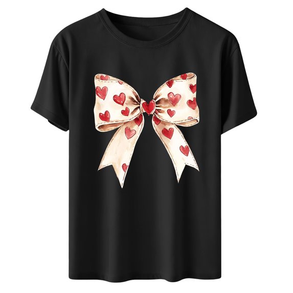 Womens Valentines Tshirts Cute Bow Valentine Day Graphic Tees Pullover Summer Short Sleeve Casual Tee Tops, 2XL Black