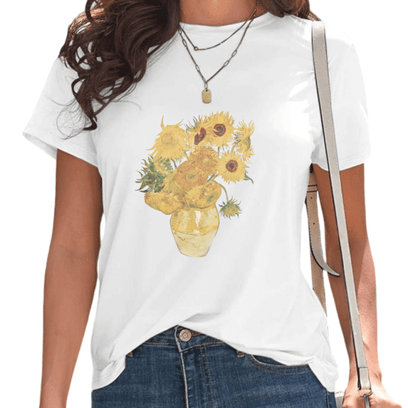 Womens Van Gogh Sunflower Print Tshirt Graphic Tees Shirts White Aesthetic Artistic Holiday Weekend Outfit Tops S-5XL