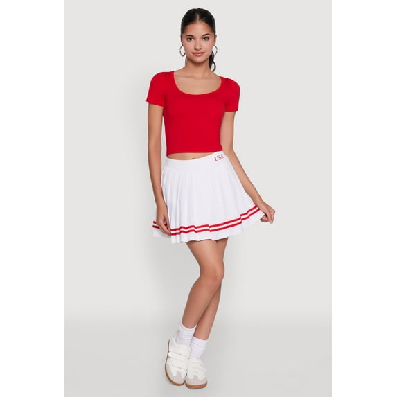 Womens Varsity Stripe Graphic High Waisted Pleated Skirt