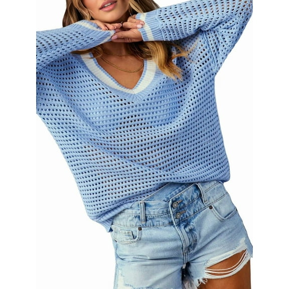 Womens Varsity V Neck Long Sleeve Tennis Sweater Casual Crochet Hollow Out Knit Tops Pullover Shirts Light Blue M