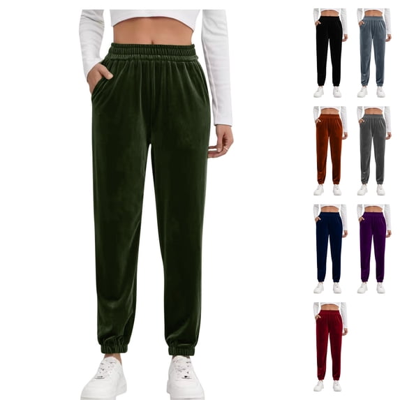 Womens Velour Loose Fit Joggers Active Sweatpants High Rise Velvet Warm Cozy Pants Cinch Bottom Elastic Waist with Pockets for Travel Winter, Army Green, L