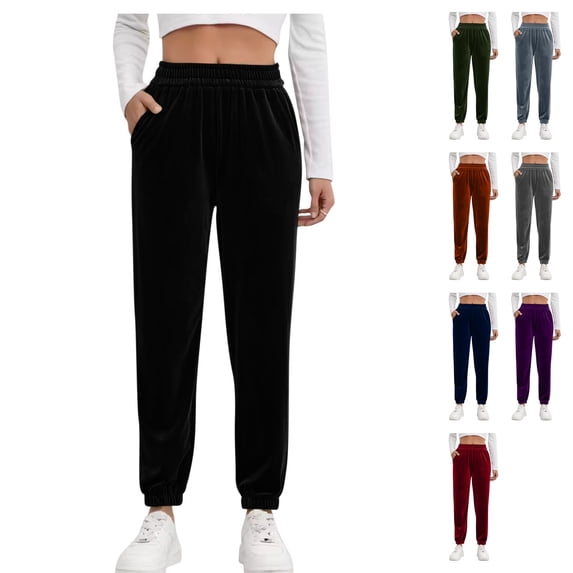 Womens Velour Loose Fit Joggers Active Sweatpants High Rise Velvet Warm Cozy Pants Cinch Bottom Elastic Waist with Pockets for Travel Winter, Black, M