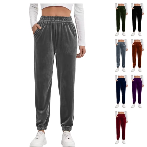 Womens Velour Loose Fit Joggers Active Sweatpants High Rise Velvet Warm Cozy Pants Cinch Bottom Elastic Waist with Pockets for Travel Winter, Gray, XL