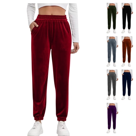Womens Velour Loose Fit Joggers Active Sweatpants High Rise Velvet Warm Cozy Pants Cinch Bottom Elastic Waist with Pockets for Travel Winter, Wine, L
