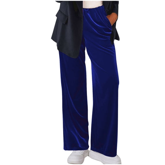 Womens Velour Pants Soft Velvet Sweatpants Straight Wide Leg Athletic Joggers Casual Lounge Loose Pants with Pockets (XXL, Blue)