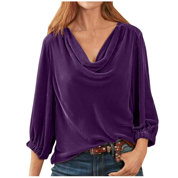 Womens Velour Tunic Shirt Elegant 3/4 Sleeve Dressy Fall Winter Velvet Tops Loose Warm Casual T-Shirt Draped Blouses