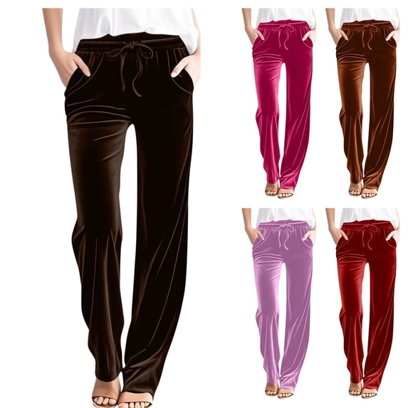 Womens Velour Wide Leg Casual Velvet Flowy Pants High Rise Drawstring Soft Cozy Warm Trousers with Deep Pockets for Travel Daily Wear, Brown, L