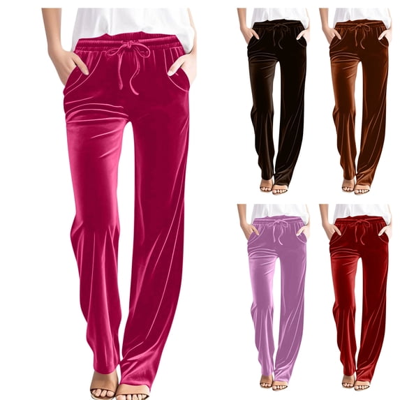 Womens Velour Wide Leg Casual Velvet Flowy Pants High Rise Drawstring Soft Cozy Warm Trousers with Deep Pockets for Travel Daily Wear, Hot Pink, XL