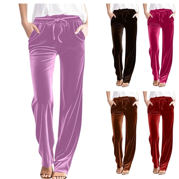 Womens Velour Wide Leg Casual Velvet Flowy Pants High Rise Drawstring Soft Cozy Warm Trousers with Deep Pockets for Travel Daily Wear, Pink, XXXL