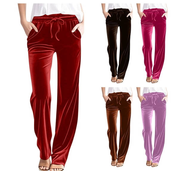 Womens Velour Wide Leg Casual Velvet Flowy Pants High Rise Drawstring Soft Cozy Warm Trousers with Deep Pockets for Travel Daily Wear, Red, XL