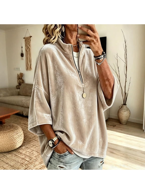 Womens Velour Zip Up Sweatshirt High Neck Loose Fit Long Sleeve Pullover Top Soft Casual Layer with Half Zip