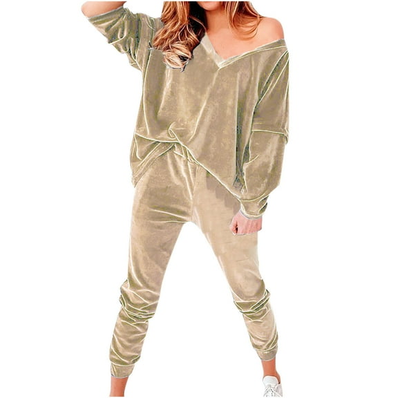 Womens Velvet 2 Pieces Outfits Long Sleeve V-Neck Sweatshirts with Elastic Eaist Long Pants Pajamas PJs Sets Loungewear