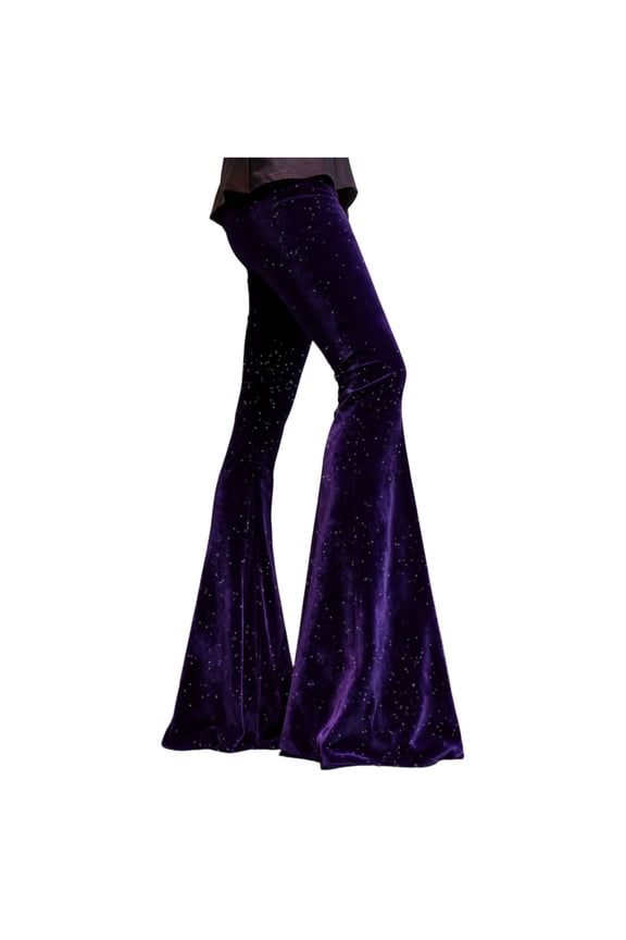 Womens Velvet Bell Bottom Pants Flared Leg High Waist Trousers Glitter Print Retro Style Trousers for Parties Events Purple M