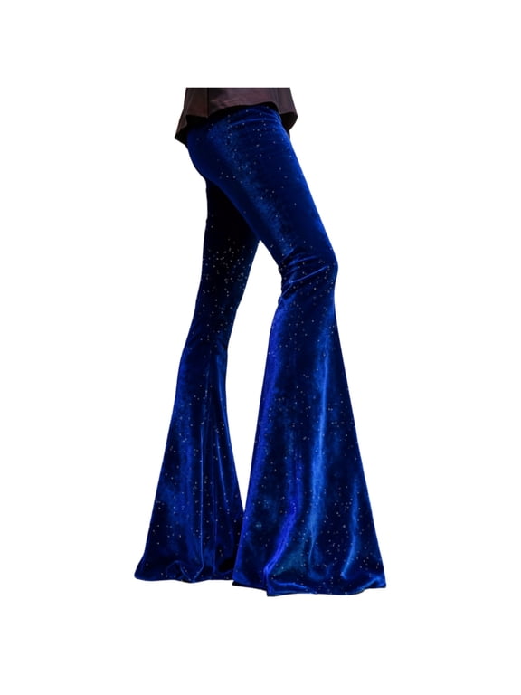 Womens Velvet Bell Bottom Pants Flared Leg High Waist Trousers Glitter Print Retro Style Trousers for Parties Events Royal Blue M