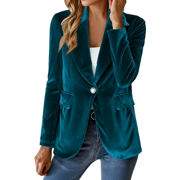 Womens Velvet Blazer Vintage Button Long Sleeve Jacket Casual Lapel Open Front Cardigan Business Office Suit Jacket Cyan M