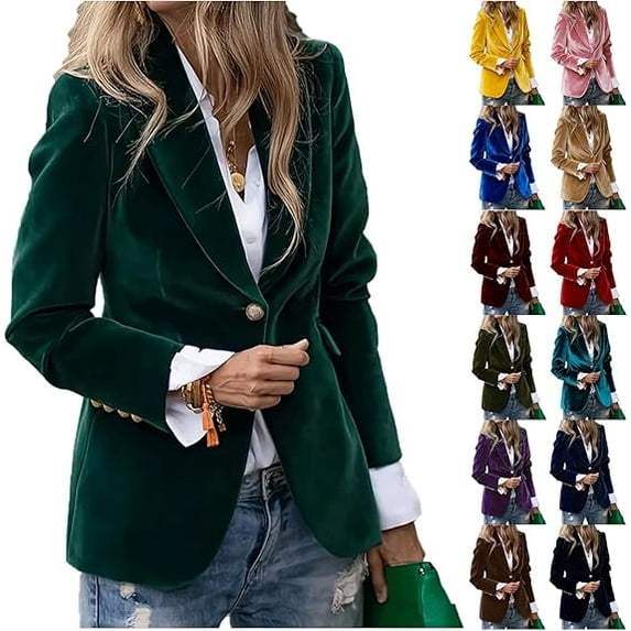 Womens Velvet Blazer Vintage Button Long Sleeve Jacket Casual Lapel Open Front Cardigan Business Office Suit Jacket Green S