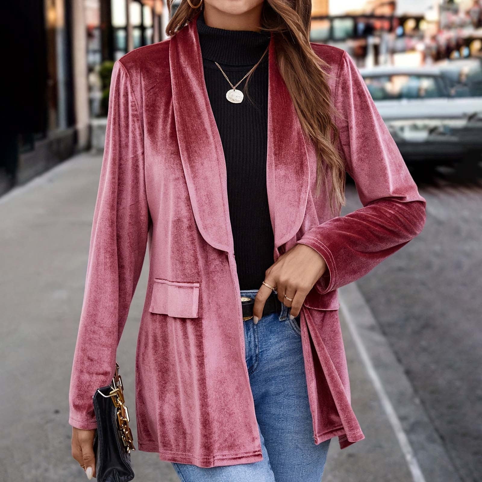 Womens Velvet-Blazers Jackets Trendy Vintage Y2K Open Front Collared Coats Ladies Elegant Solid Soft Long Sleeve Business Casual Suit Jacket
