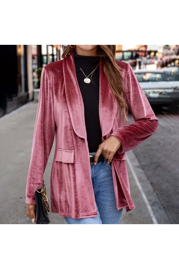Womens Velvet-Blazers Jackets Trendy Vintage Y2K Open Front Collared Coats Ladies Elegant Solid Soft Long Sleeve Business Casual Suit Jacket