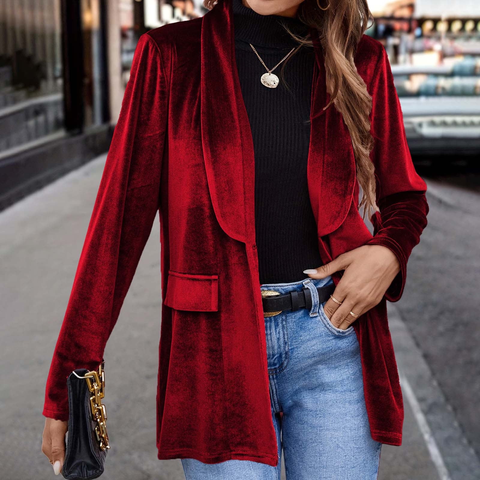 Womens Velvet-Blazers Jackets Trendy Vintage Y2K Open Front Collared Coats Ladies Elegant Solid Soft Long Sleeve Business Casual Suit Jacket