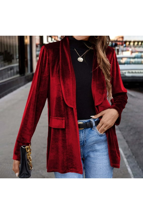 Womens Velvet-Blazers Jackets Trendy Vintage Y2K Open Front Collared Coats Ladies Elegant Solid Soft Long Sleeve Business Casual Suit Jacket