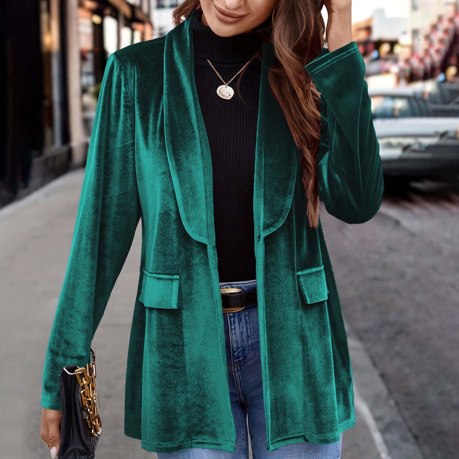 Womens Velvet-Blazers Jackets Trendy Vintage Y2K Open Front Collared Coats Ladies Elegant Solid Soft Long Sleeve Business Casual Suit Jacket