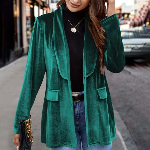 Womens Velvet-Blazers Jackets Trendy Vintage Y2K Open Front Collared Coats Ladies Elegant Solid Soft Long Sleeve Business Casual Suit Jacket
