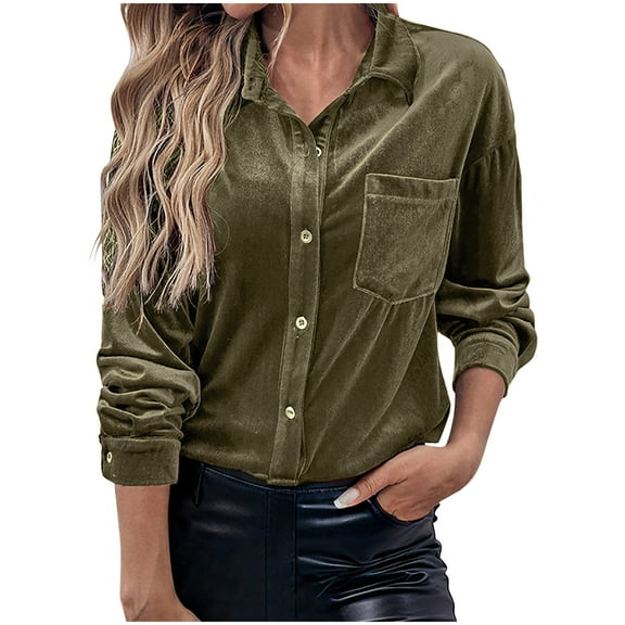 Womens Velvet Blouses Casual Button Down Shirt Long Sleeve Dressy Tops Fall Fashion Office Outfits