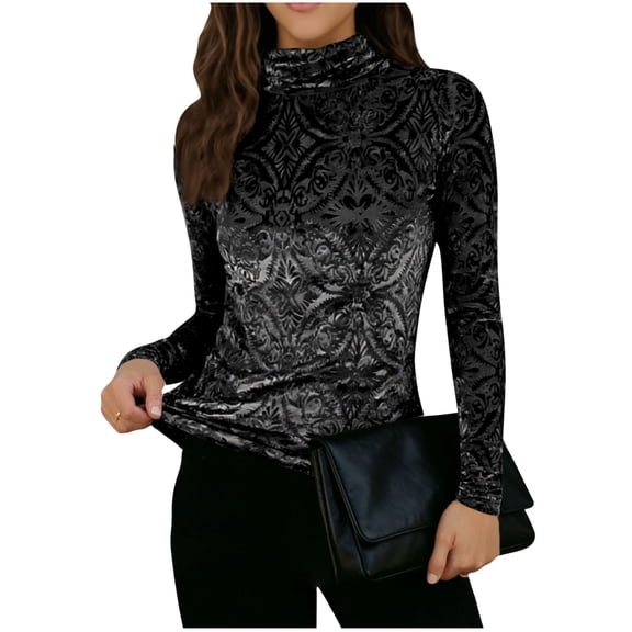 Womens Velvet Burnout Tops Slim Fit Turtleneck Top Long Sleeve Semi See Through Elegant Shirts