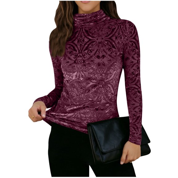 Womens Velvet Burnout Tops Slim Fit Turtleneck Top Long Sleeve Semi See Through Elegant Shirts