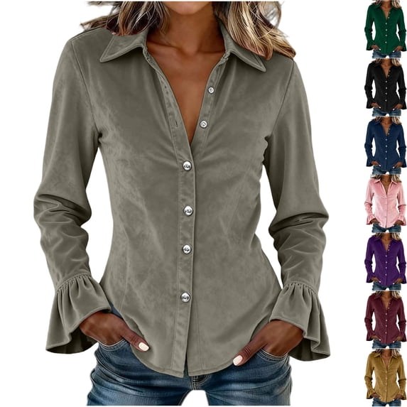 Womens Velvet Button Down Shirts Velour Flounce Long Sleeve Lapel Collared Slim Fit Dressy Blouse for Business Casual Work Office Fall Fashion, Gray, XXL