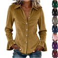 thumbnail image 1 of Womens Velvet Button Down Shirts Velour Flounce Long Sleeve Lapel Collared Slim Fit Dressy Blouse for Business Casual Work Office Fall Fashion, Yellow, M, 1 of 7