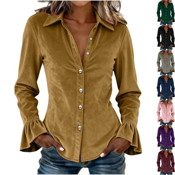 Womens Velvet Button Down Shirts Velour Flounce Long Sleeve Lapel Collared Slim Fit Dressy Blouse for Business Casual Work Office Fall Fashion, Yellow, M