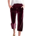 thumbnail image 1 of Womens Velvet Capri Sweatpants Fashion Solid Color Lace up Elastic Waist Wide Leg Cropped Trousers with Pocket Wine XX-Large, 1 of 6