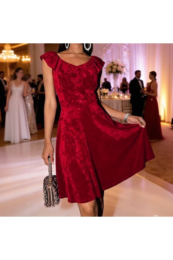Womens Velvet Cocktail Dress Summer Ruffle Sleeveless Mini Dress Fitting Flare A-Line Wedding Guest Prom Mini Dresses Plus Size Formal Dresses Red S
