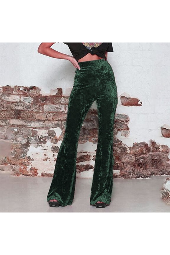 Womens Velvet Flare Pant Drawstring Waist Bell Bottom Leggings (Green S)