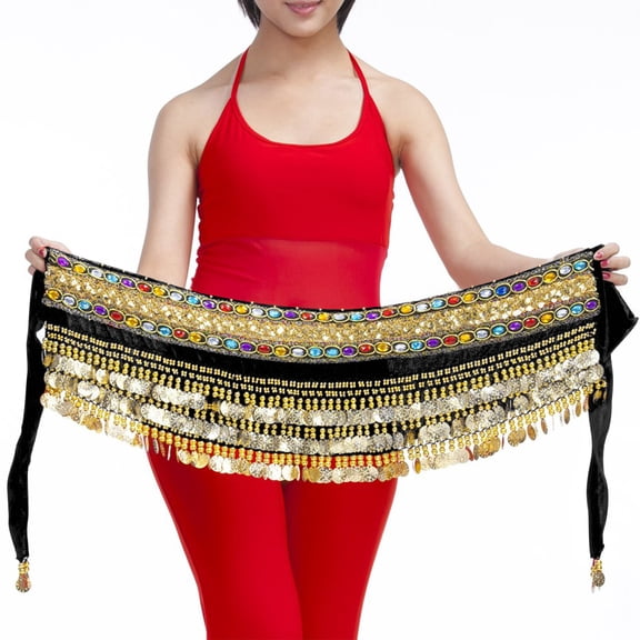 Womens Velvet Hip Scarf Skirts Sequin Gold Coins Belly Dance Wrap Skirt Belt Waist Chain Black, Free Size